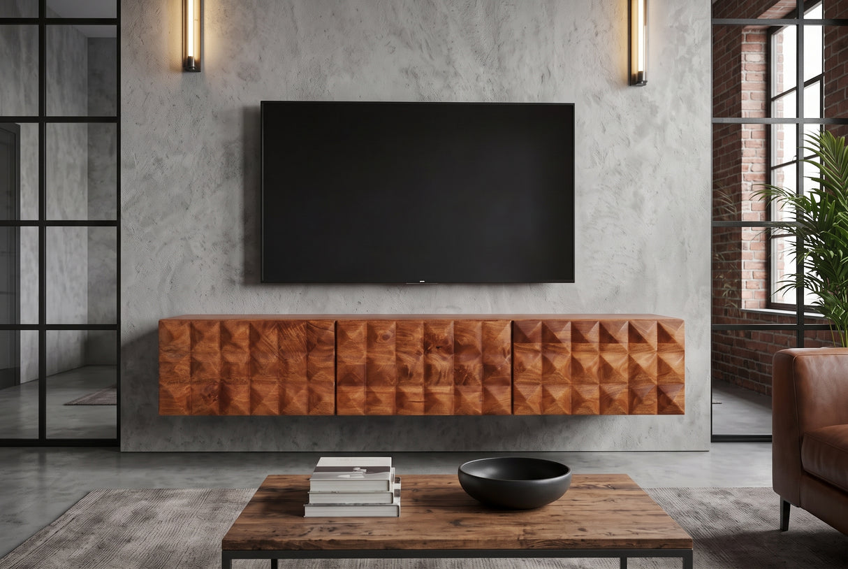 TV-Board VULCANO 160cm 3D hängend m. Kabeldurchlass Mangoholz natur