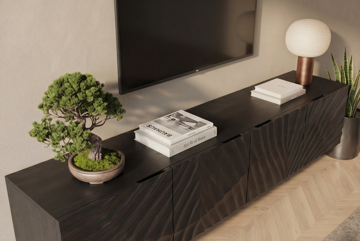 TV-Board SCORPION 200cm 3D hängend schwarz Mangoholz