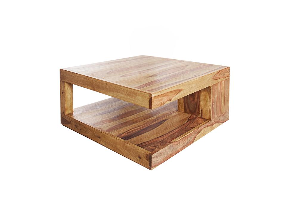 Coffee table GIANT L 80x80cm w/ open storage shelf sheesham wood natural stone finish