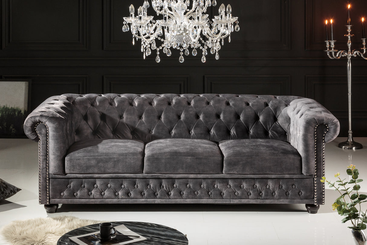 Sofa CHESTERFIELD 205cm 3-seater velvet grey