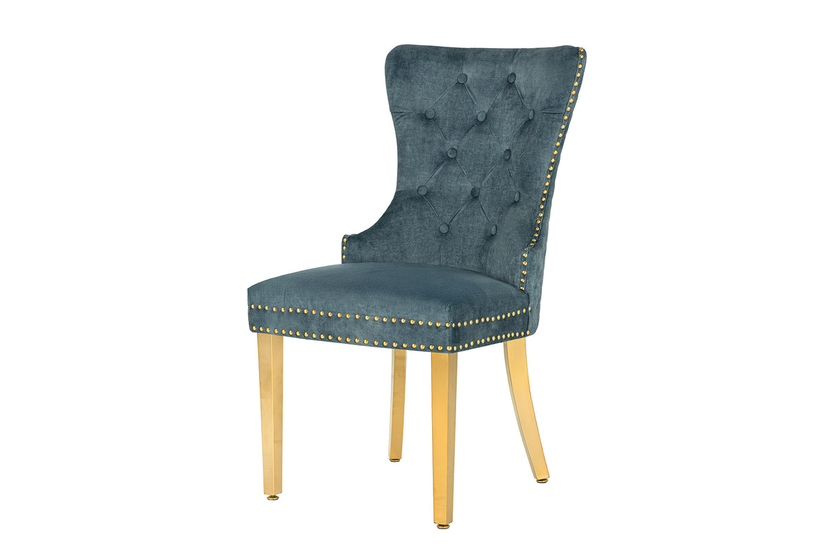 Chair CASTLE w/ lion´s head handle velvet petrol golden legs in baroque style