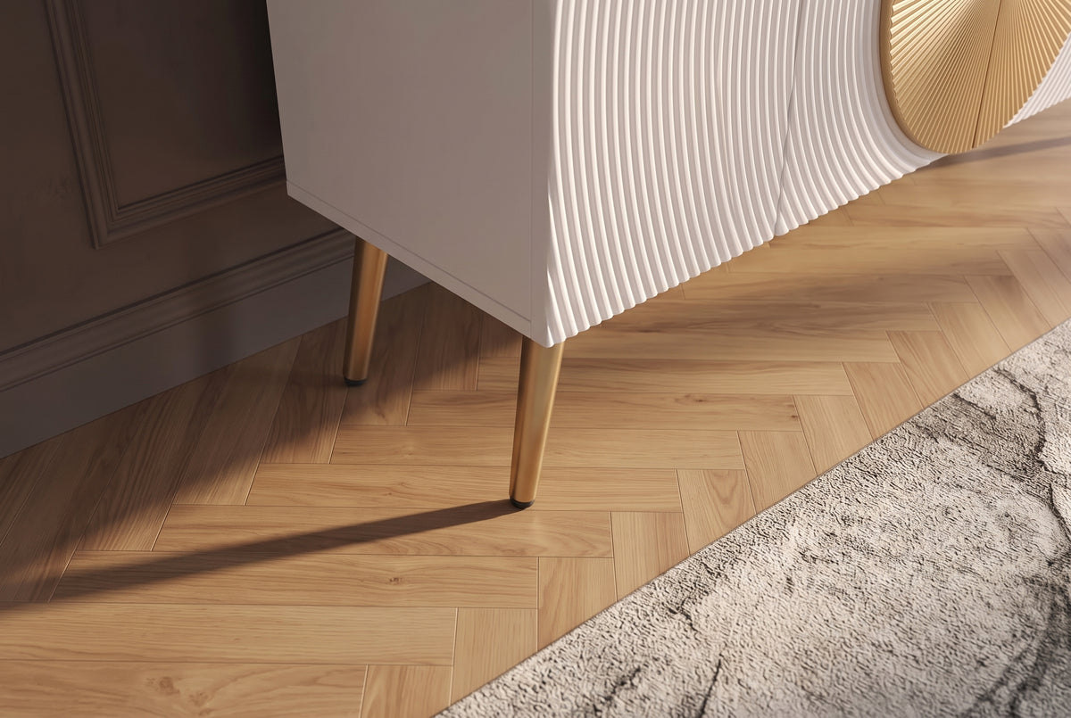 Sideboard AURUM 180cm textured front gold circle accent mango wood white gold metal feet
