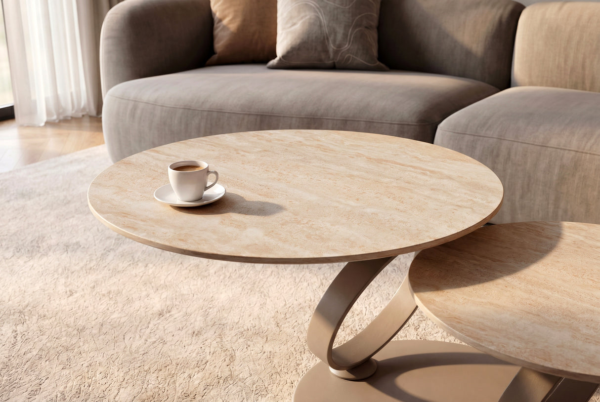 Coffee table DANCING RINGS round rotatable travertine ceramic champagne greige