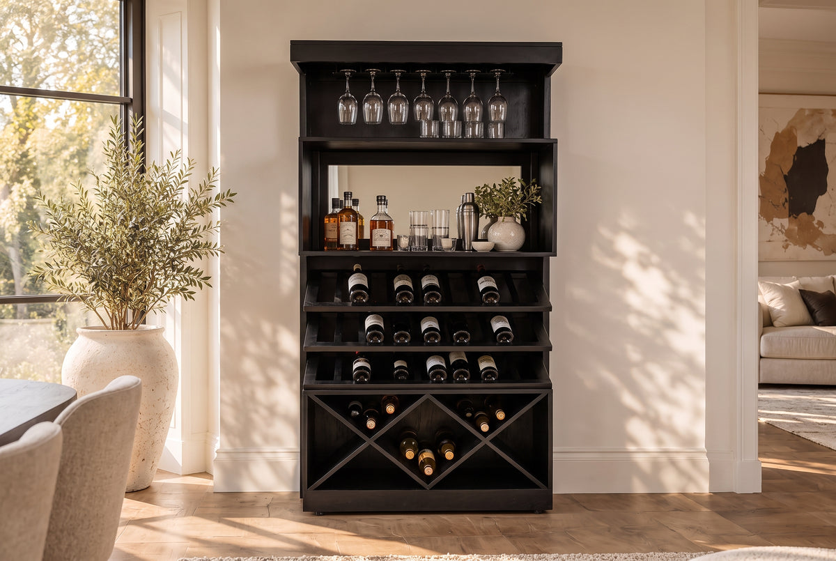 Bar cabinet SCORPION 160cm w/ mirror mango wood black
