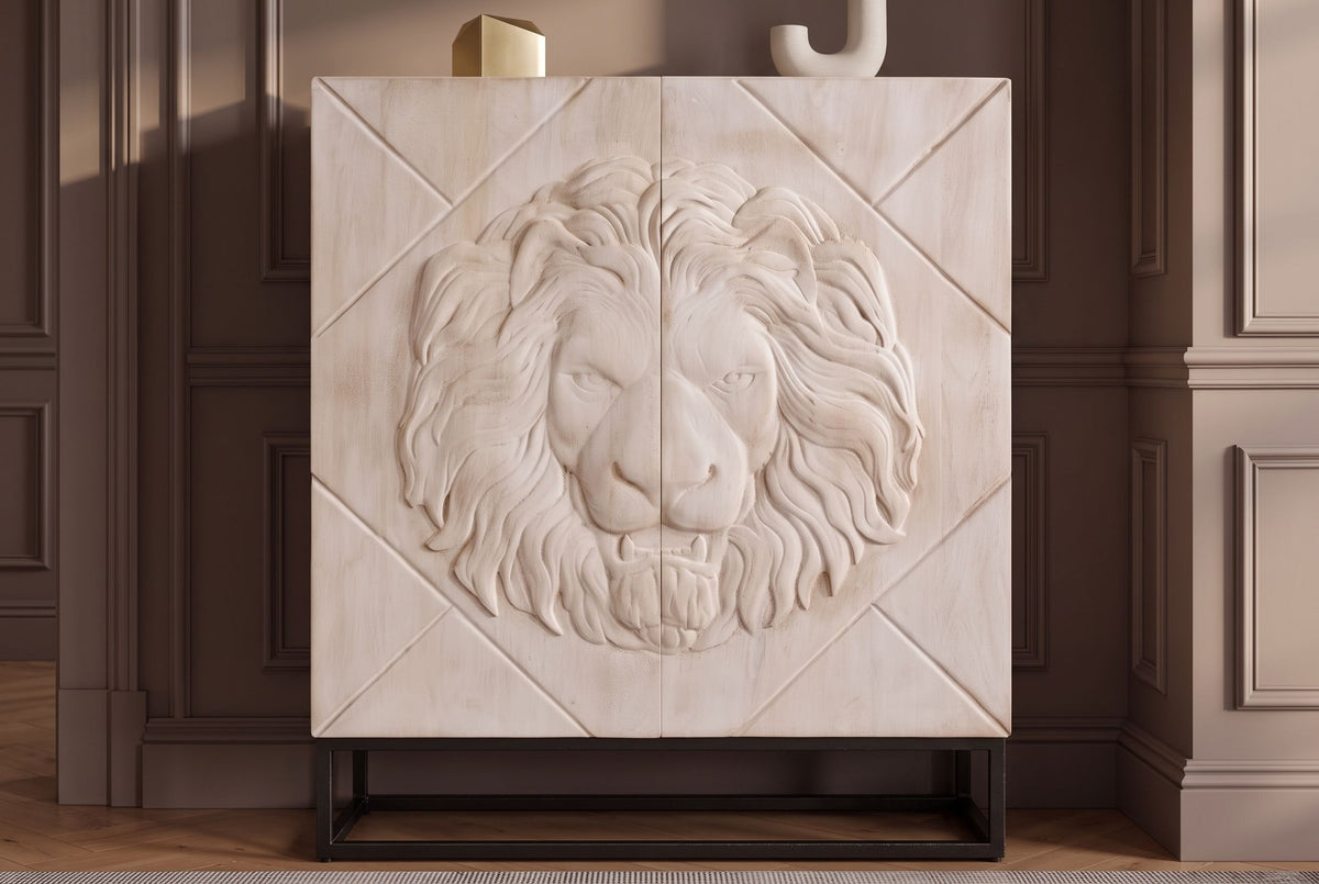 Highboard LION 120cm 3D lion front mango wood creamy w/ black metal frame