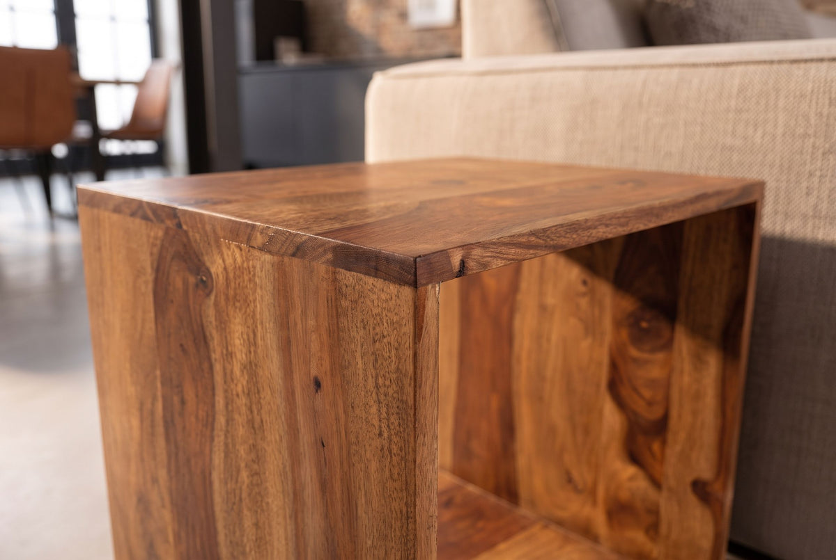 Side table MAKASSAR 45cm w/ open storage compartment sheesham wood brown stone finish