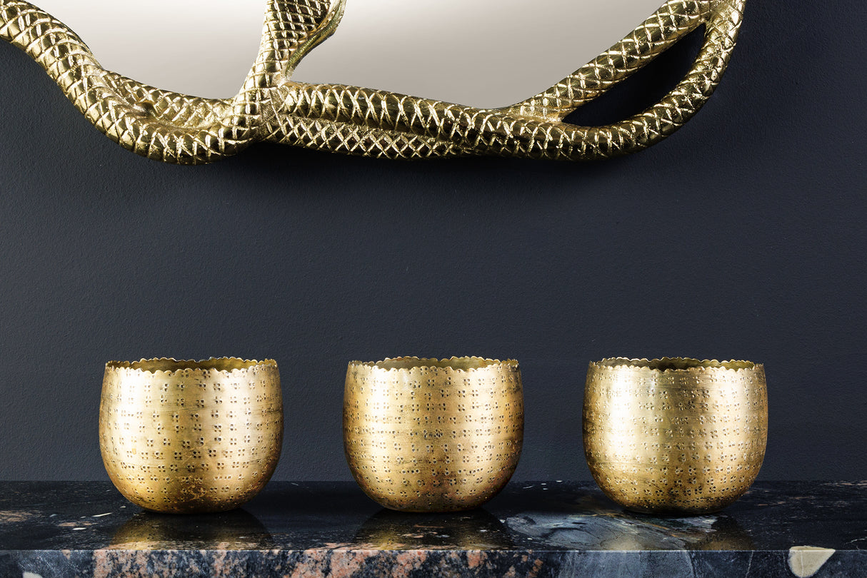 Schale ORIENT 3er Set Hammerschlag-Effekt gold natur Mangoholzsockel