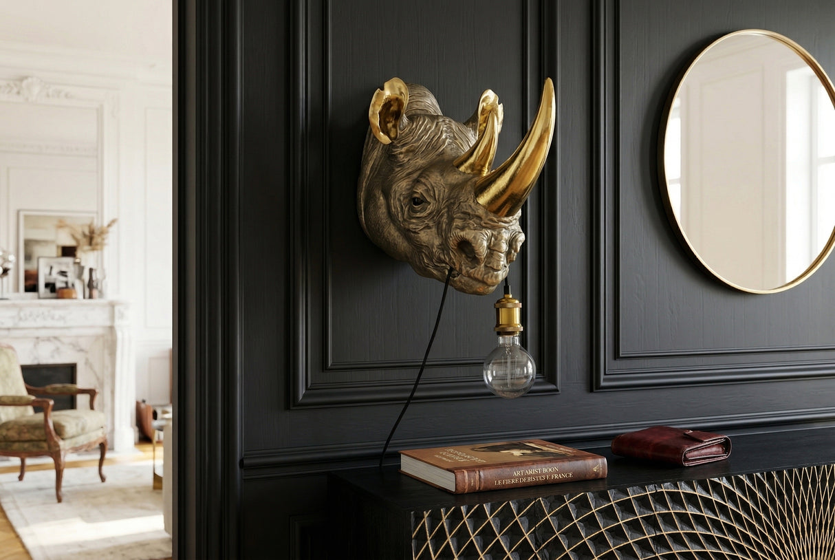 Wandleuchte RHINO 40 cm handgefertigte goldene Nashornskulptur