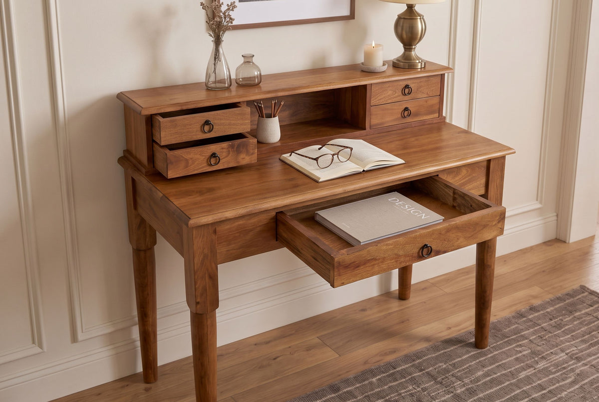 Davenport Schreibtisch HEMINGWAY 90cm mit Schubladen und offenem Ablagefach Mangoholz braun honigfarbenes Finish