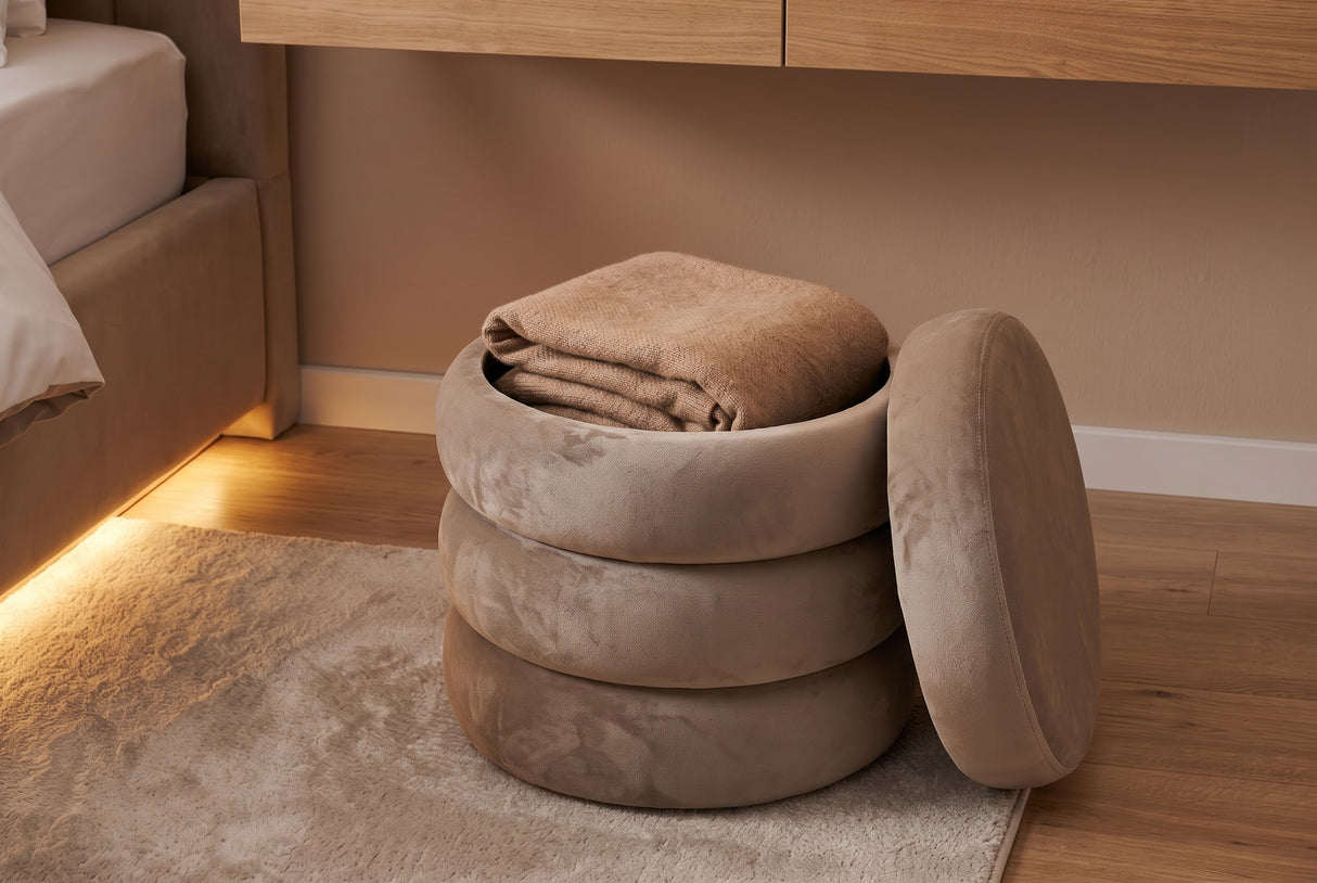 Stool VOGUE 40cm round upholstered w/ storage space velvet champagne greige