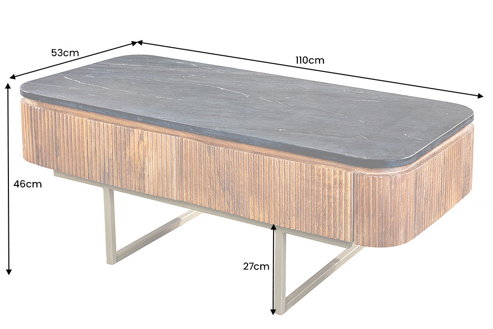 Coffee table GATSBY 110cm retro style mango wood gold marble top black