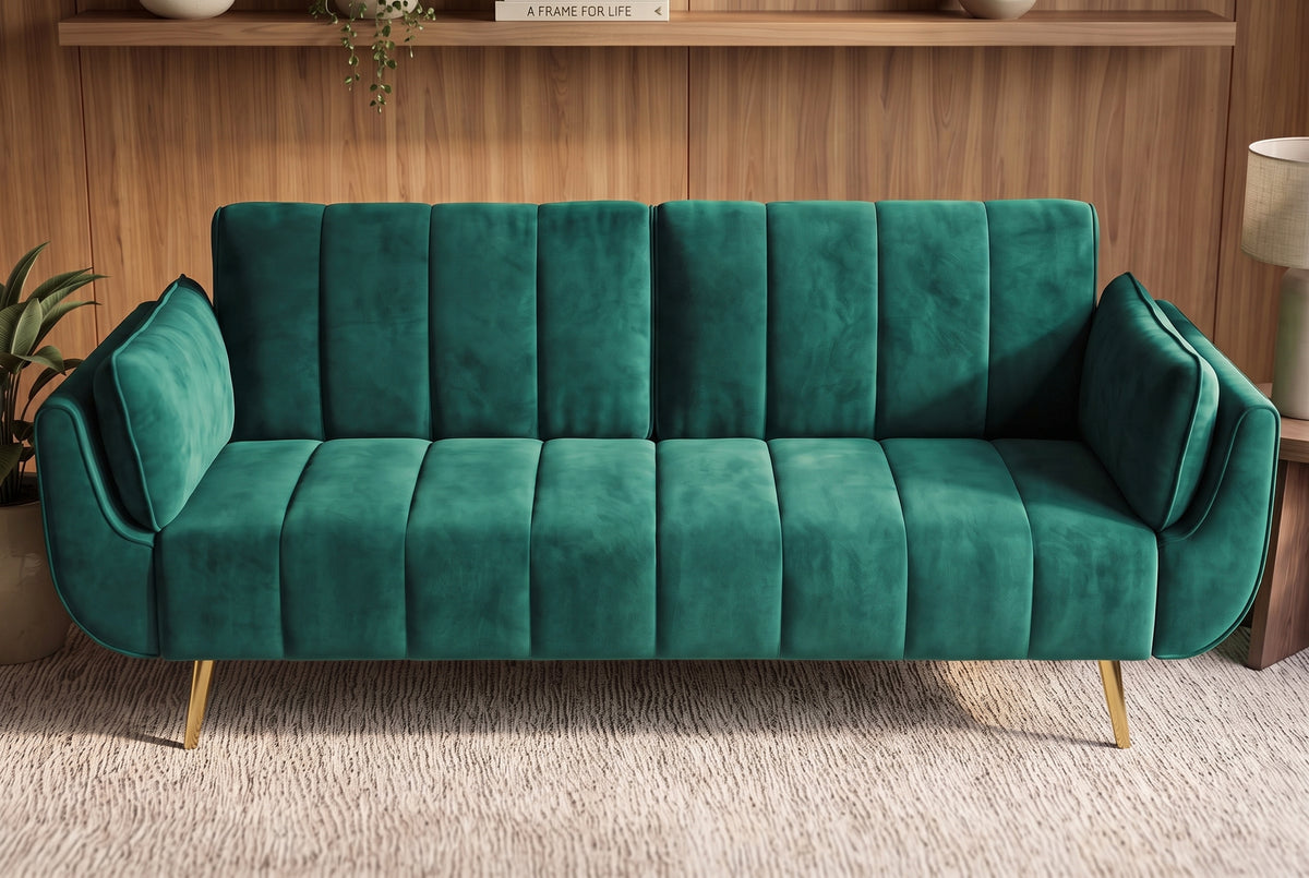 Sofa bed DIVANI 220cm 3-seater w/ armrest cushions velvet emerald green metal feet gold