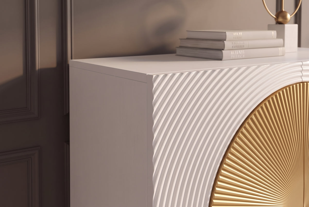 Highboard AURUM 120cm textured front gold circle accent mango wood white gold metal feet
