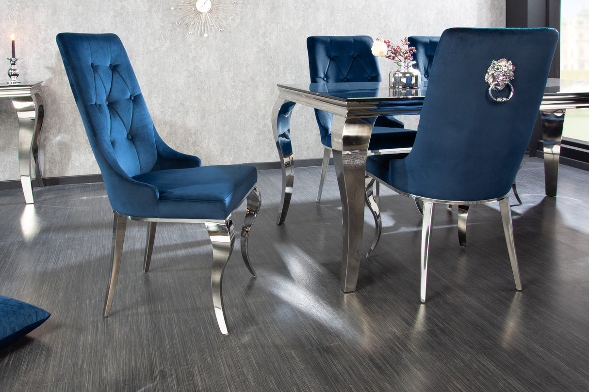 Chair MODERN BAROCK w/ silver legs and lion's head velvet royal blue
