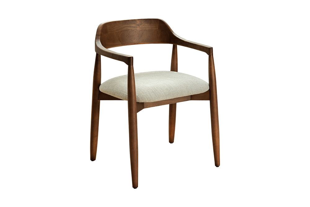 Chair KENNEDY upholstered seat w/ armrests recyled pine wood brown smoke and textured fabric creamy