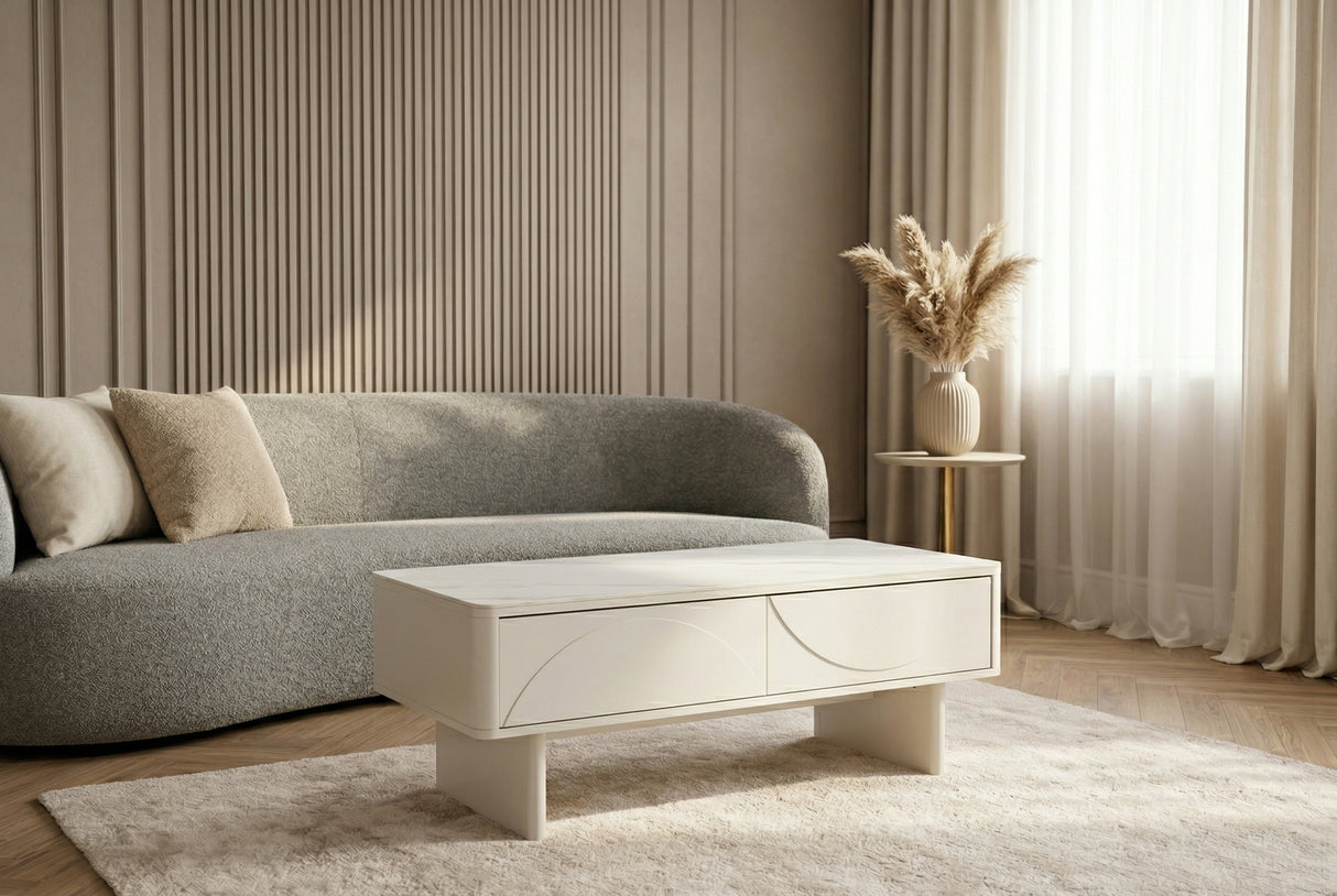Couchtisch SAVOY 120 cm 3D weiß mit weißer Marmorkeramikplatte
