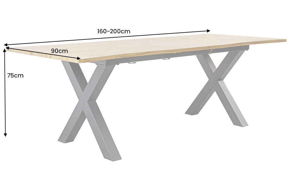Esstisch WILD 160-200cm Tischplatte 25mm X-Beine Wildeiche Optik natur ausziehbar