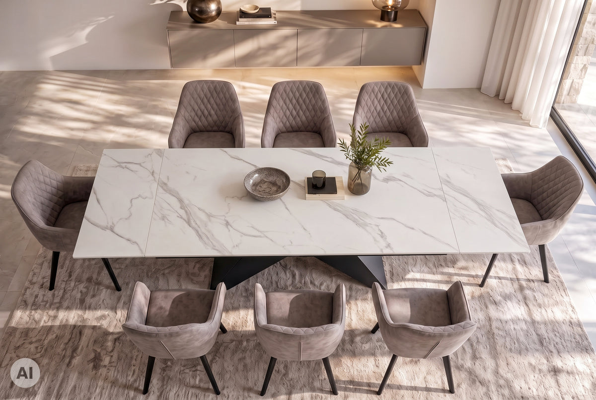 Dining table DIAMOND 180-260cm extendable ceramic matt white marble look w/ geometric black base