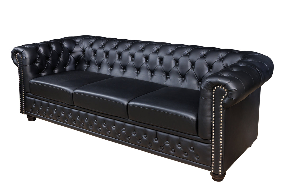 Sofa CHESTERFIELD 205cm 3-Sitzer Kunstleder Antik-Look schwarz