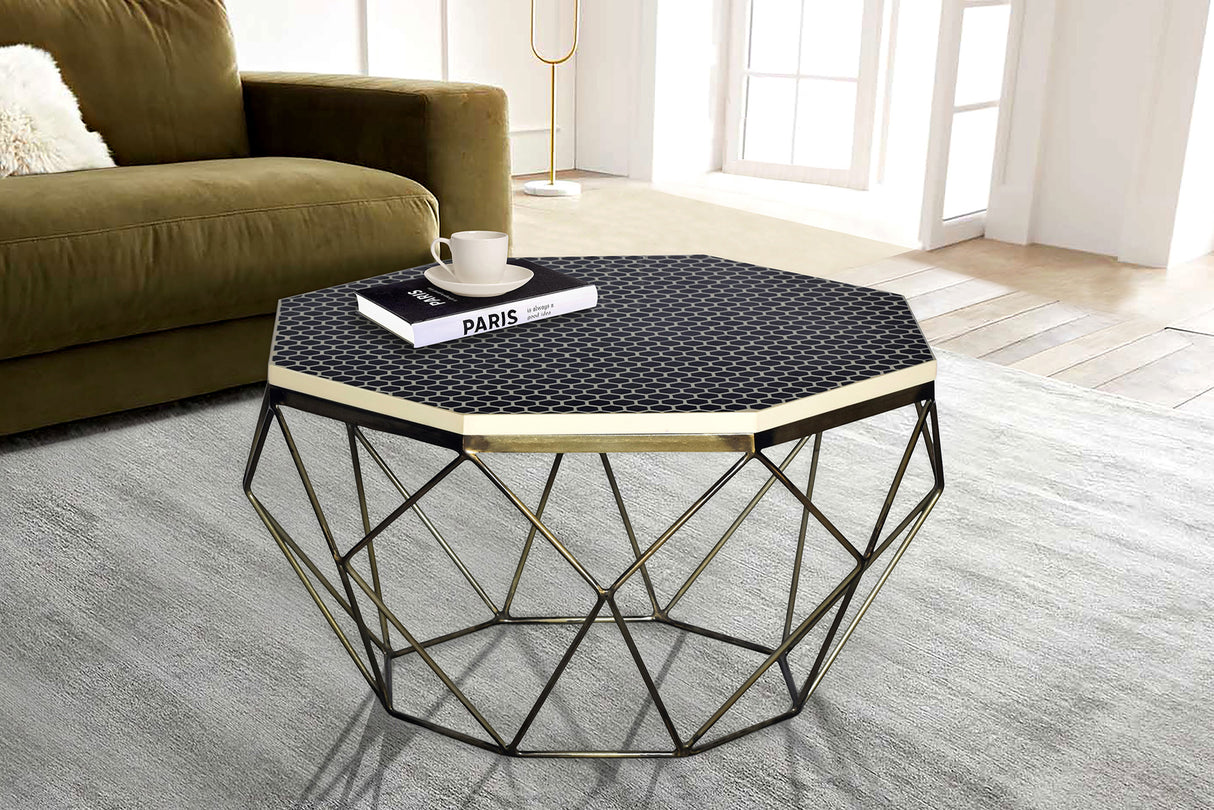 Couchtisch DIAMANT 70cm Gestell Eisen Messing mit Tischplatte schwarz weiß