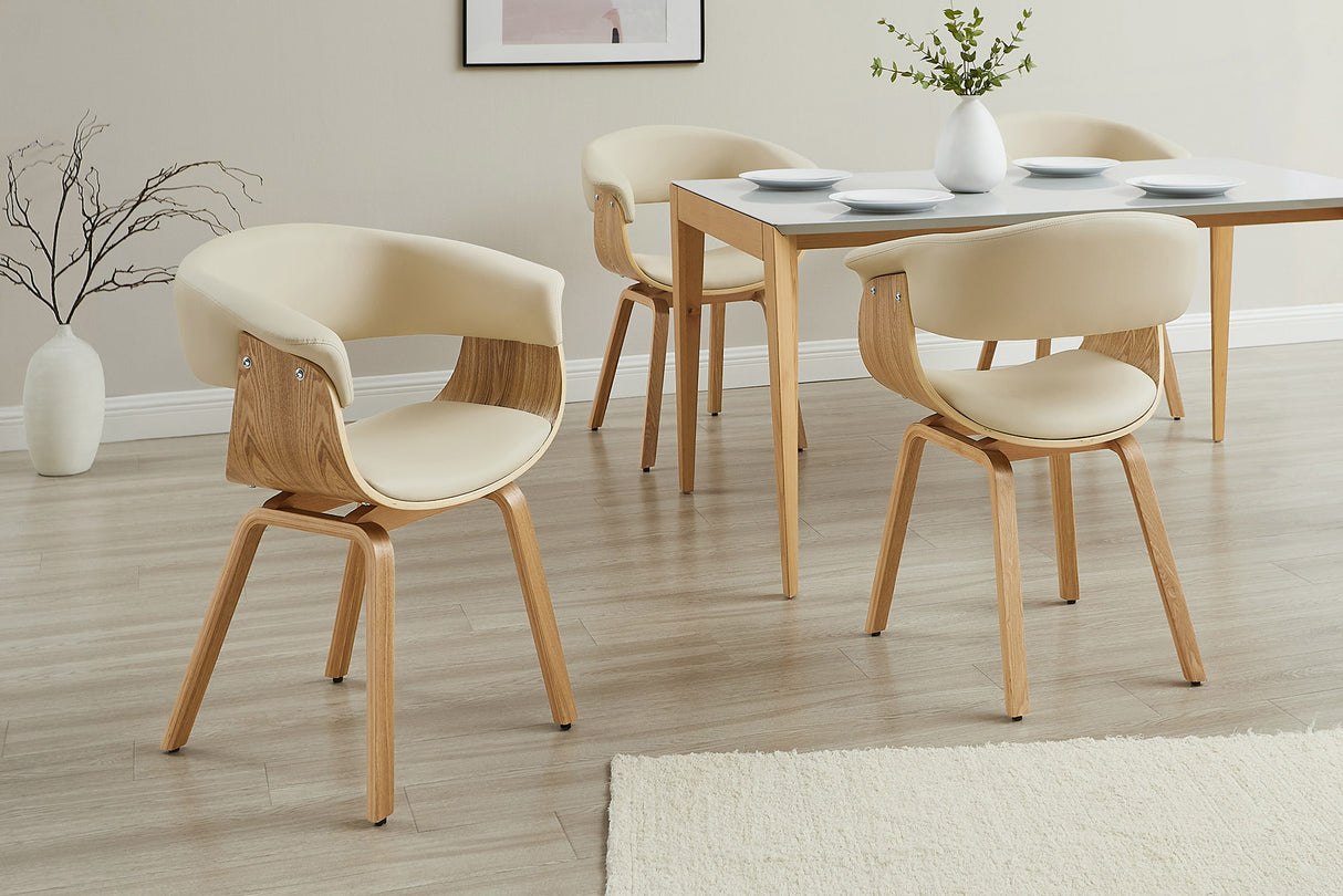 Stuhl ORGANIC m. Armlehne Eichenholz-Optik Furnier Kunstleder Cremefarben