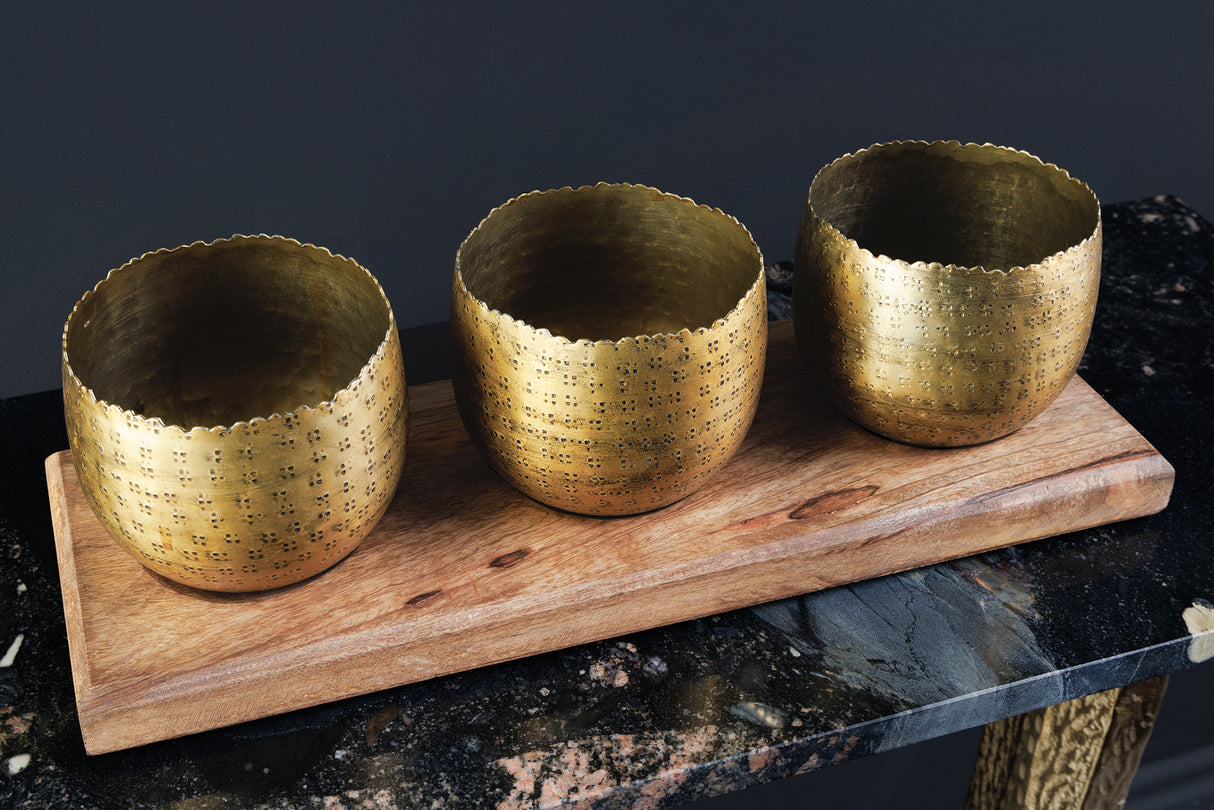 Schale ORIENT 3er Set Hammerschlag-Effekt gold natur Mangoholzsockel