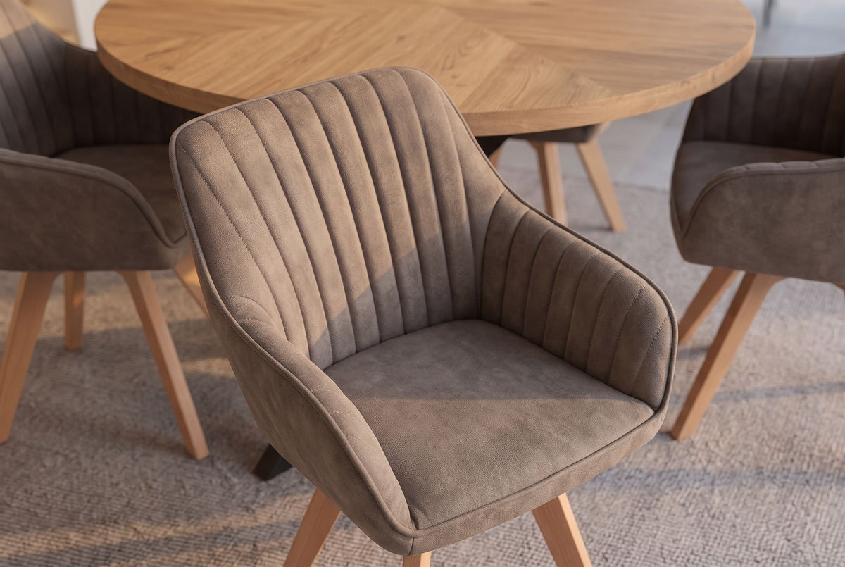 Drehstuhl LIVORNO 180°-Rückholmechanik mit Armlehnen Mikrofaser Vintage Taupe Gestell Buchenholz