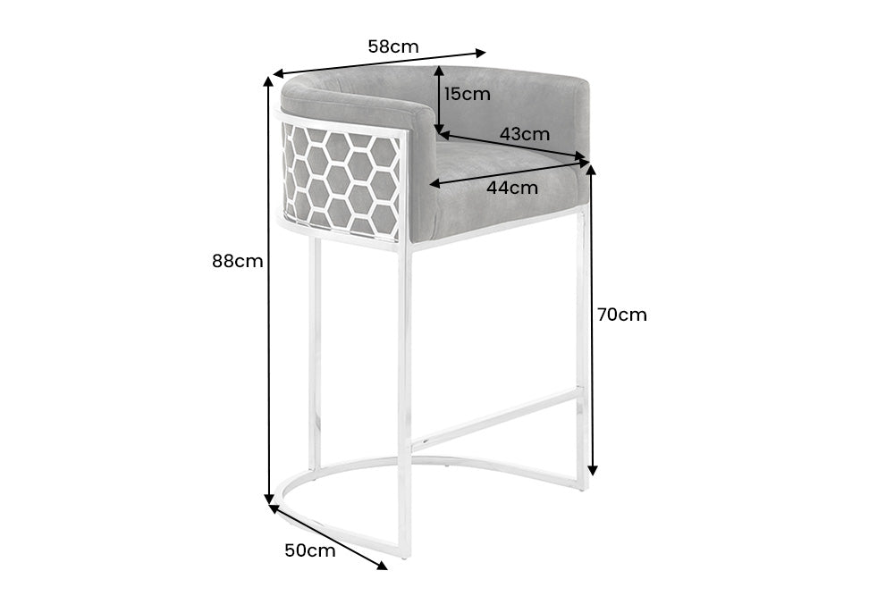 Bar stool ELEGANCE velvet grey w/ silver stainless steel frame