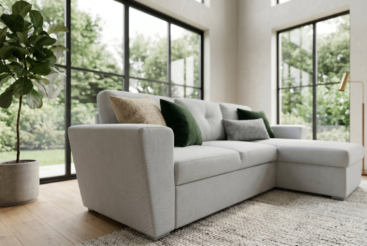 Sofa bed APARTMENT 245cm 3-seater w/ ottoman and storage space textured fabric beige