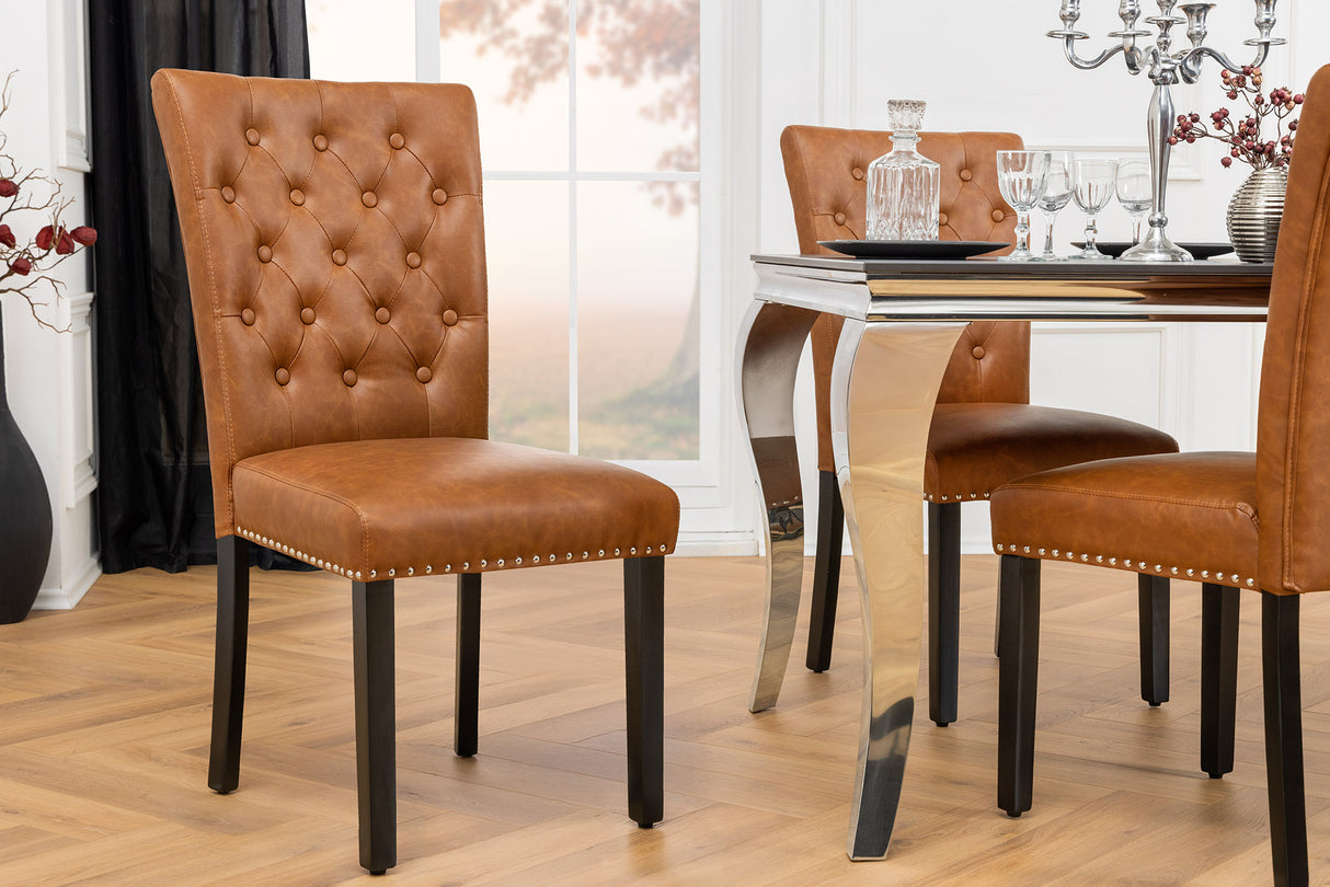 Chair CASTLE artificial leather cognac brown w/ quilting in chesterfield style