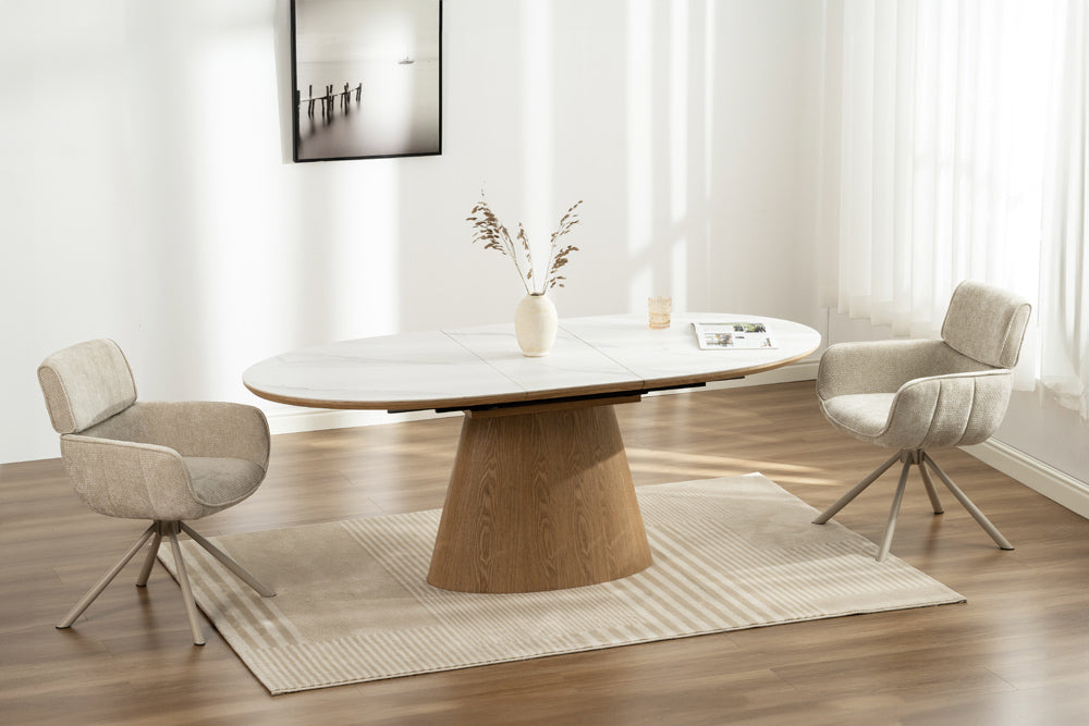 Dining table UNIQUE 160-200cm extendable oak wood verneered w/ ceramic white marble top