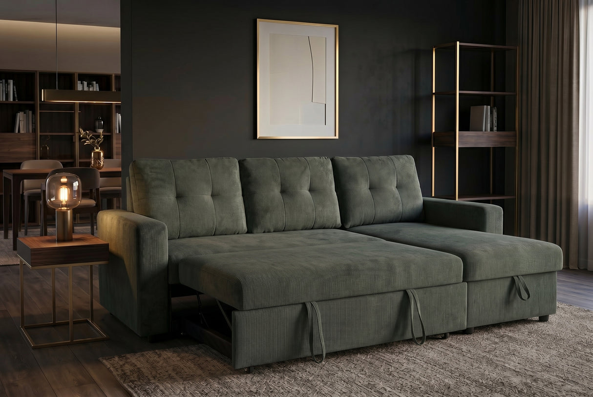 Ecksofa APARTMENT 205cm 3-Sitzer mit Ottomane und Stauraum Samt grün