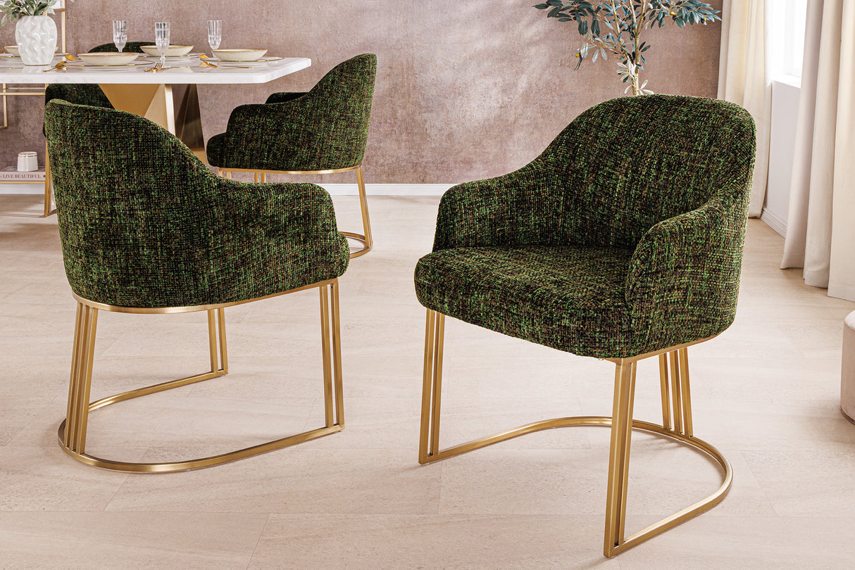 Chair EXTRAVAGANCIA dark green chenille fabric w/ armrests and champagne golden frame