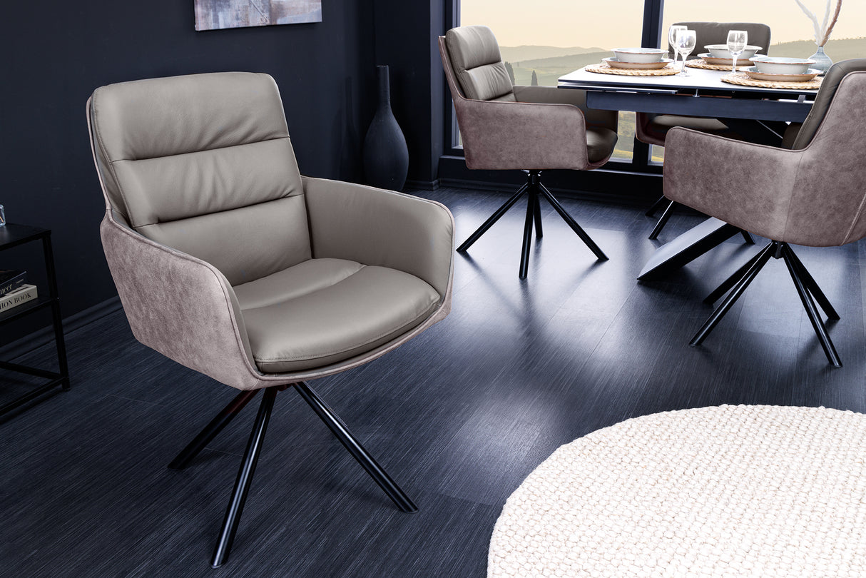 Swivel chair BIG GEORGE 360° with armrests genuine leather and microfibre taupe