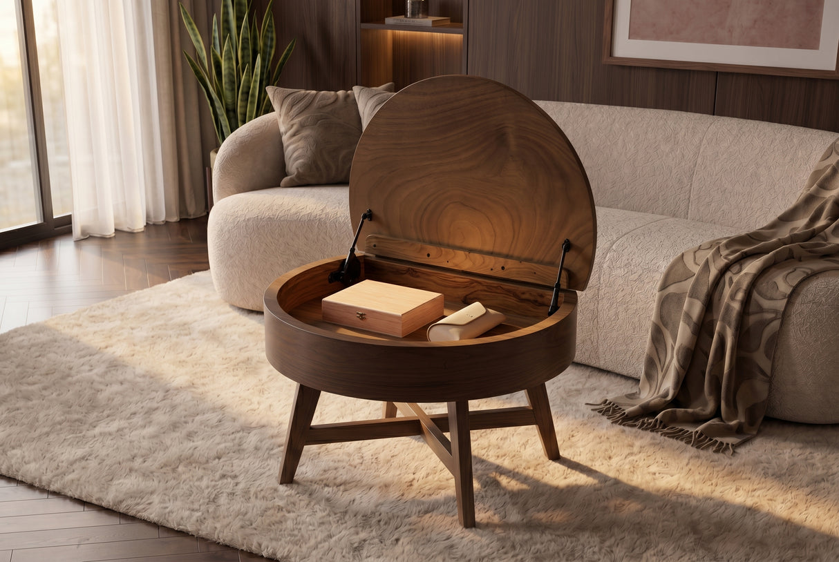 Coffee table KYOTO 70cm round w/ storage space walnut wood verneered