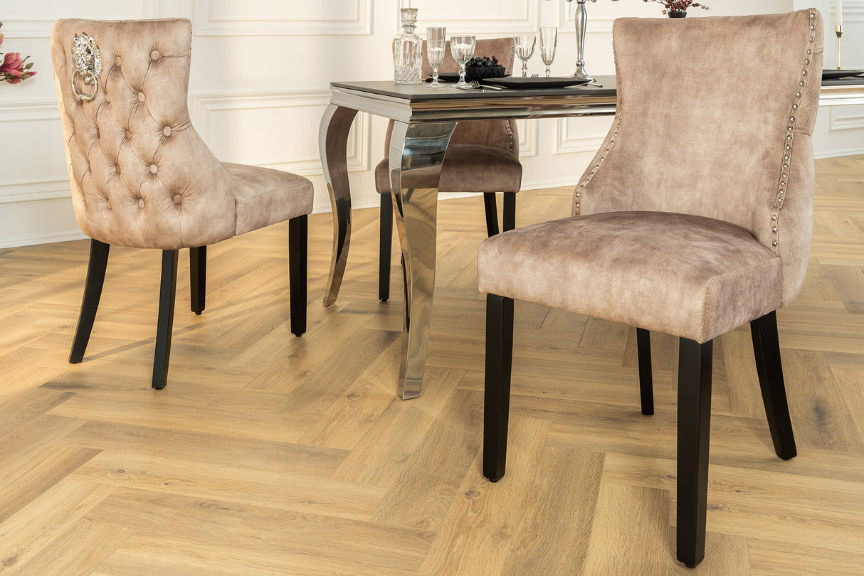 Chair CASTLE DELUXE w/ lion´s head handle velvet beige legs black in chesterfield style