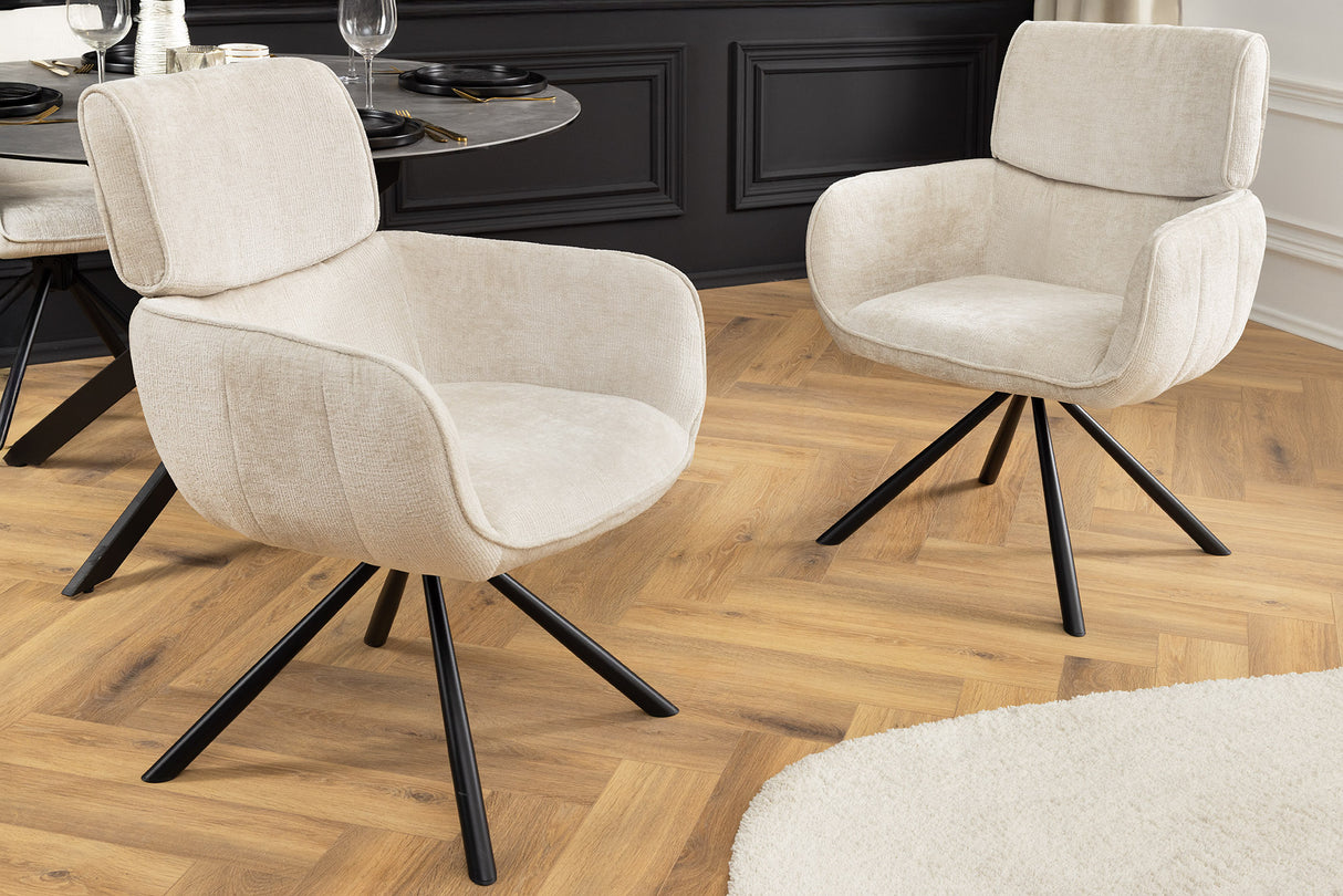 Drehstuhl UNIQUE 180° mit Armlehnen Chenillestoff champagnerbeige und schwarzen Beinen