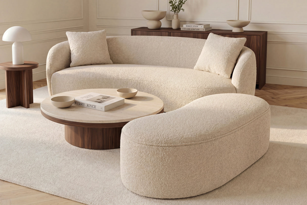 Bench chest ELEMENTAL 120cm upholstered w/ storage space bouclé champagne beige