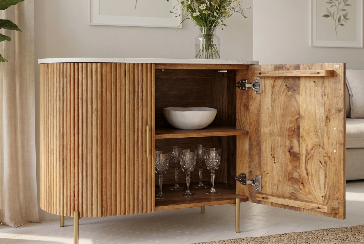 Sideboard TRES CHIC 70cm mango wood natural w/ white marble top and golden handles