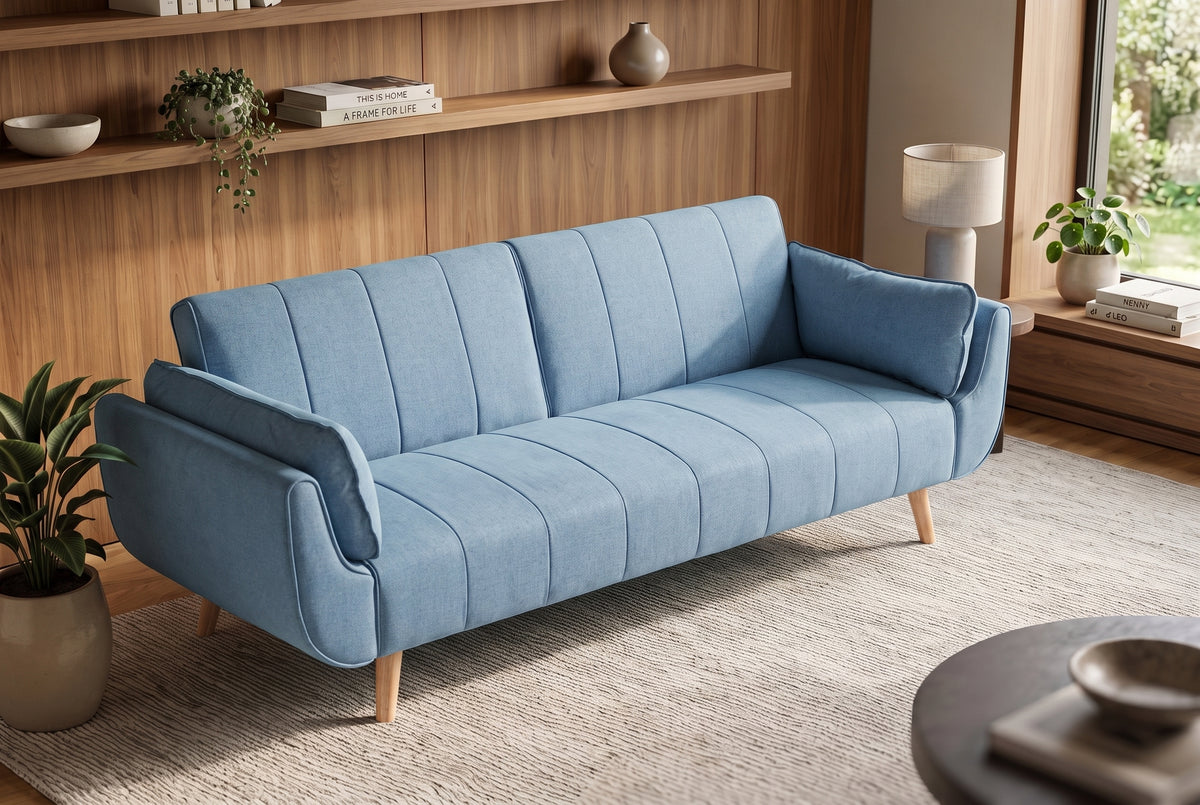 Schlafsofa DIVANI 220cm mit Armlehnenkissen Strukturstoff hellblau Holzfüße natur