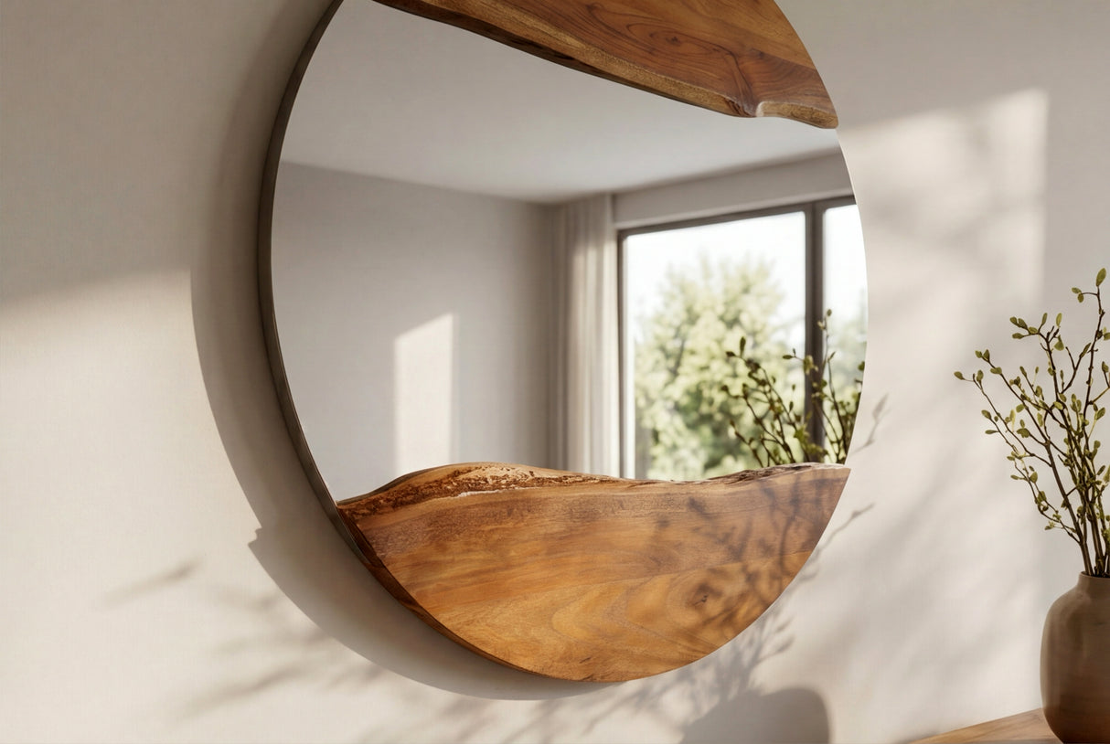Wandspiegel LIVING EDGE 100cm rund, natürliche Kante, braunes Akazienholz