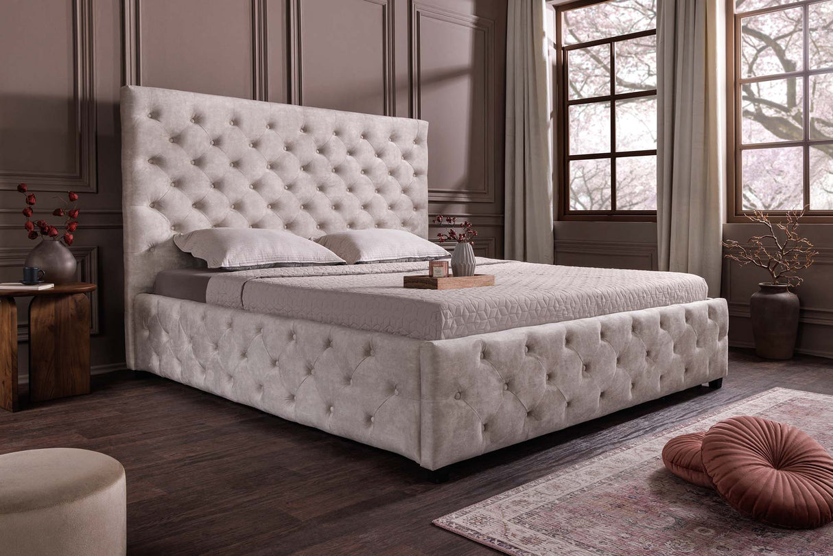 Bed PARIS 160x200cm CHESTERFIELD look velvet champagne beige w/ storage space