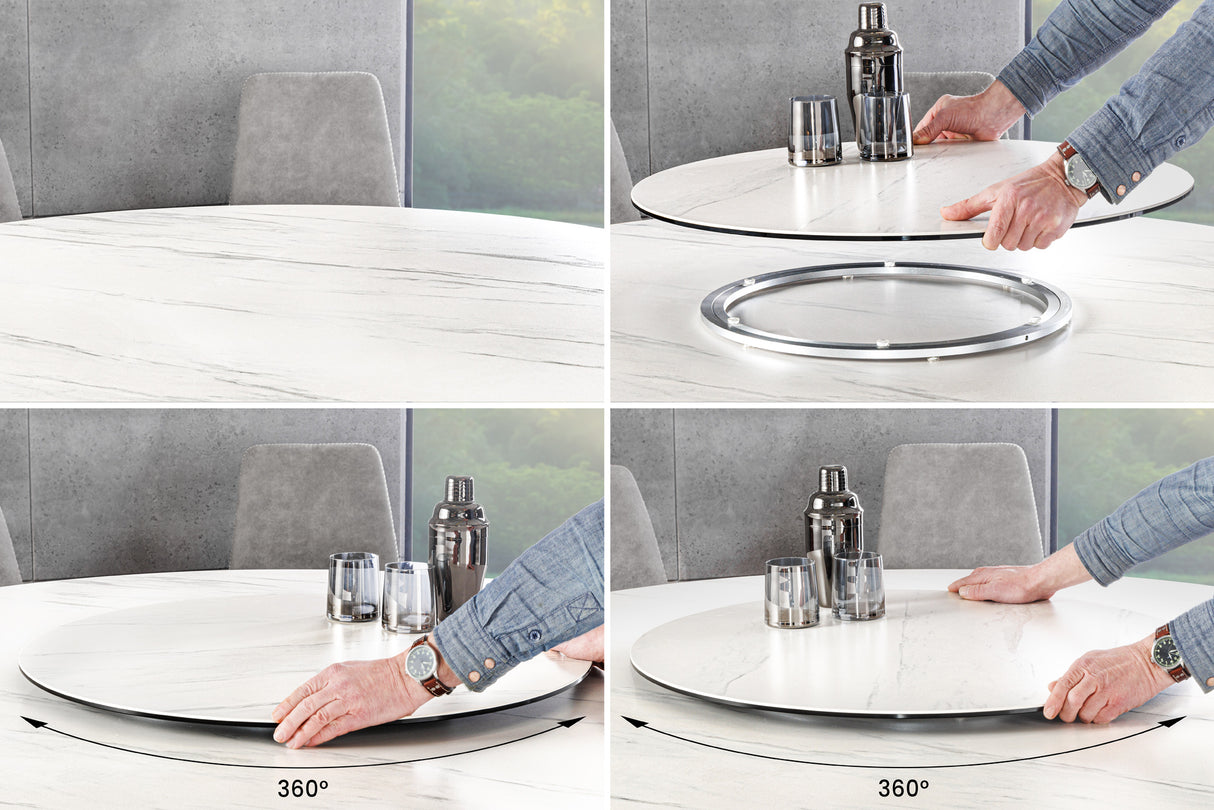 Esstisch SPIN Ø 150cm mit abnehmbarer Platte Keramik Marmoroptik weiß