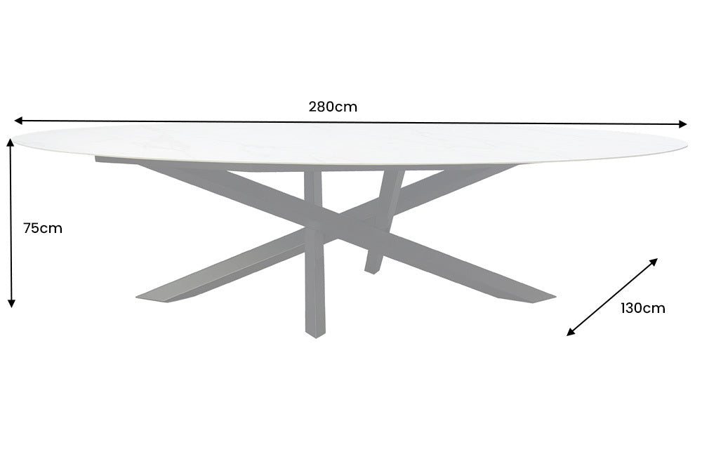 Dining table SCULPTURE 280cm oval frame black w/ ceramic top white marble look
