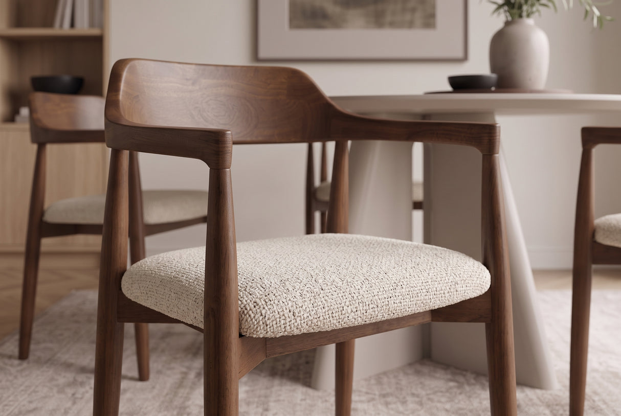 Chair KENNEDY upholstered seat w/ armrests recyled pine wood brown smoke and textured fabric creamy