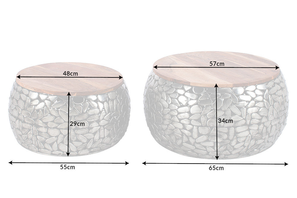 Couchtisch STONE MOSAIC 2er Set 54-66cm Mangoholz Platten silber