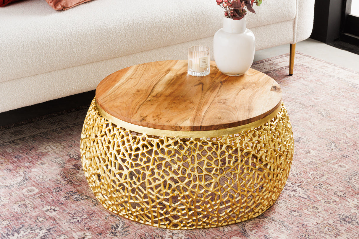 Coffee table LEAF 75cm gold with acacia wood plate