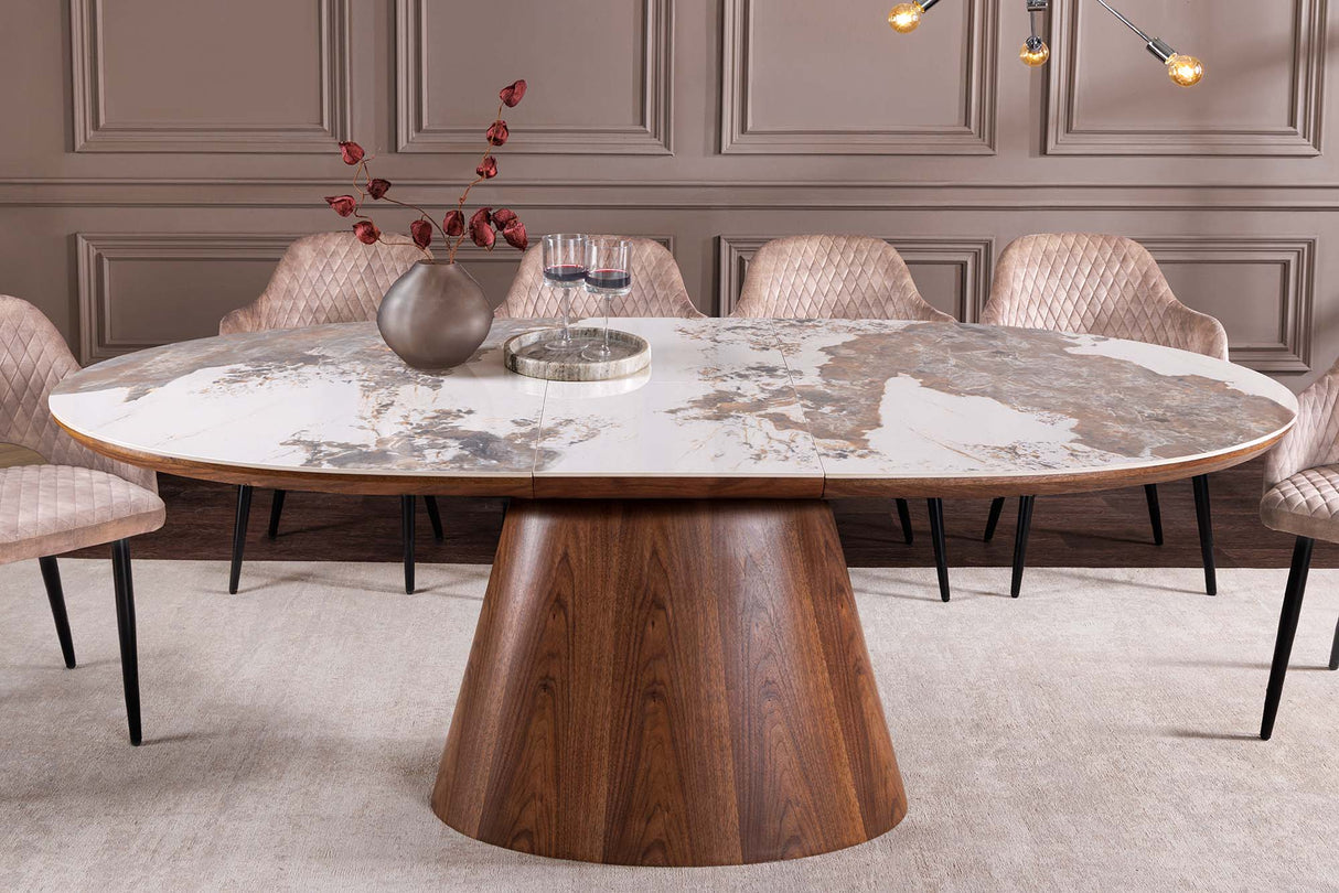 Dining table UNIQUE 160-200cm extendable walnut wood look ceramic top natural stone look