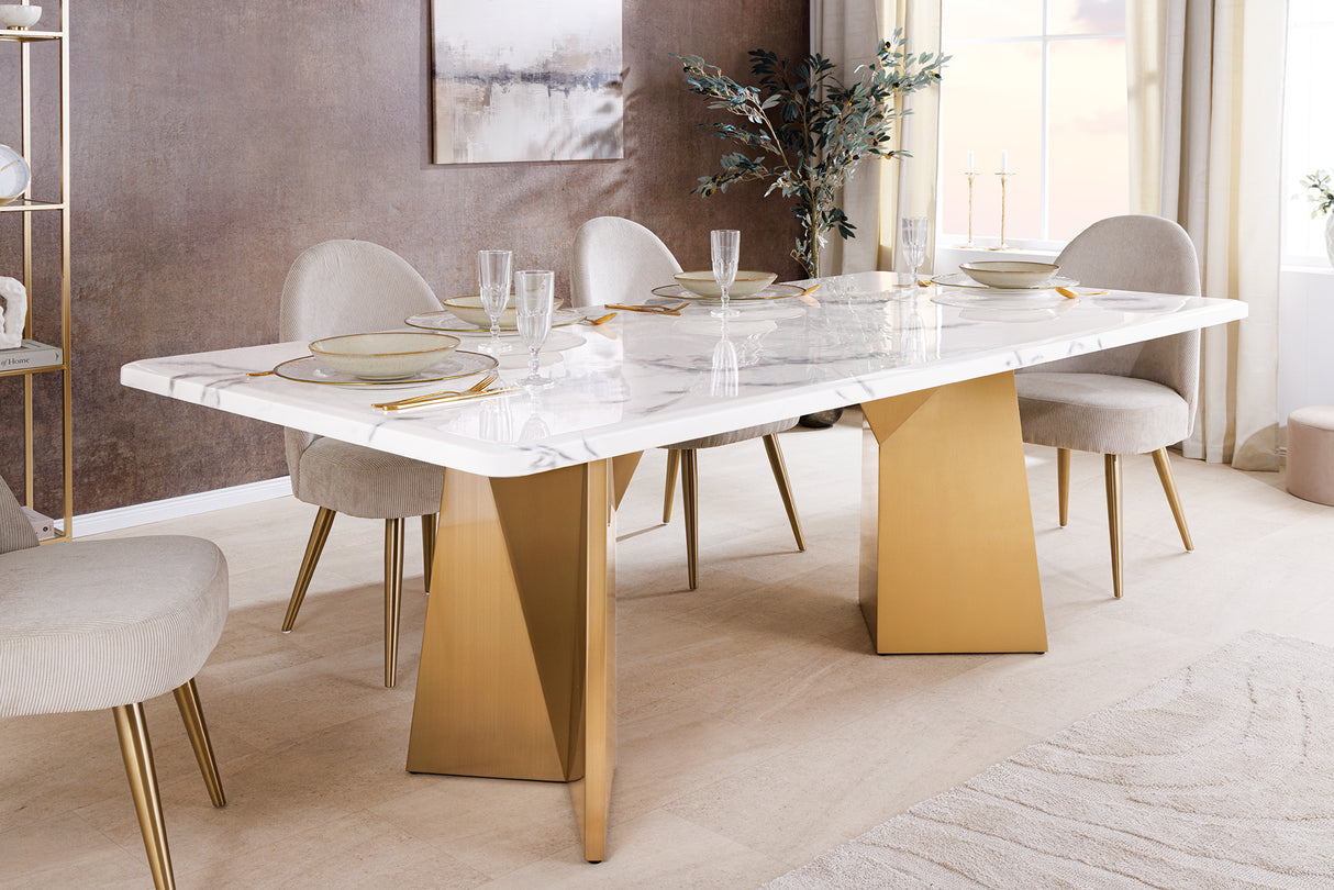 Dining table EXTRAVAGANCIA 200cm w/ champagne golden legs white marble top