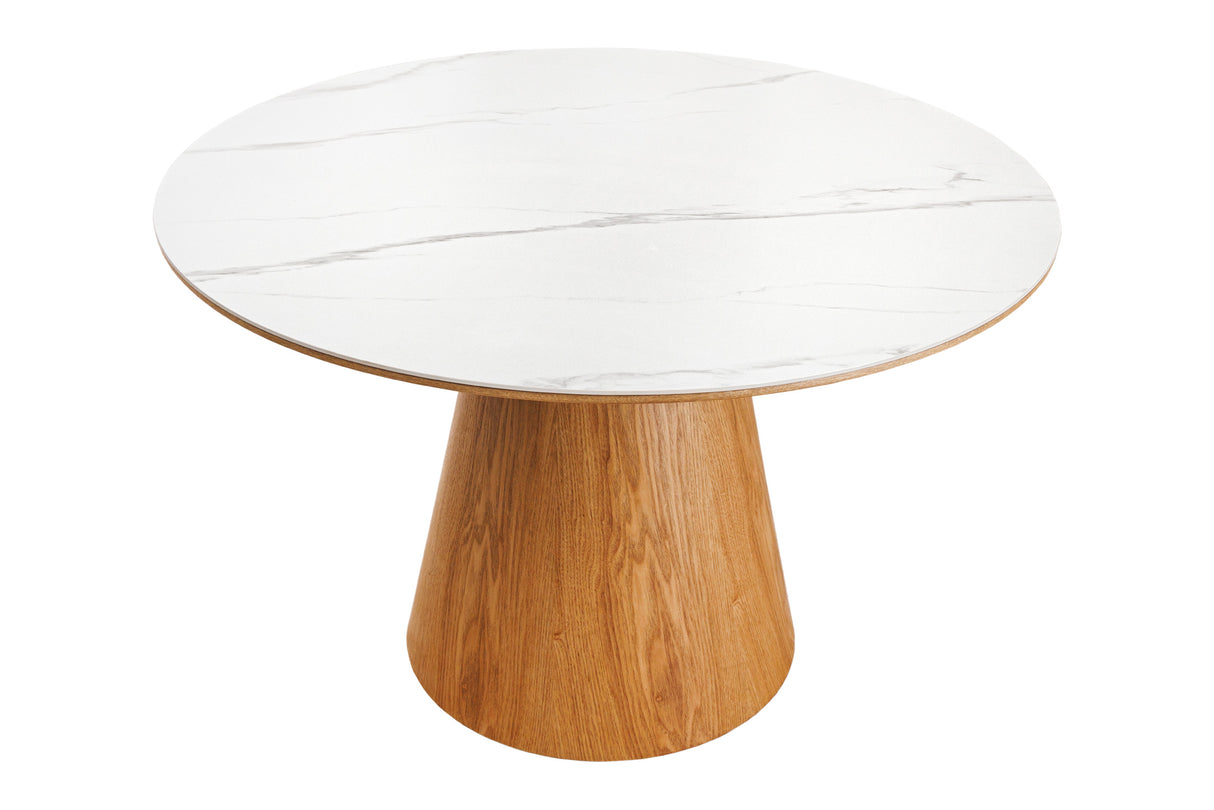 Dining table UNIQUE 120cm round oak wood verneered ceramic white marble top